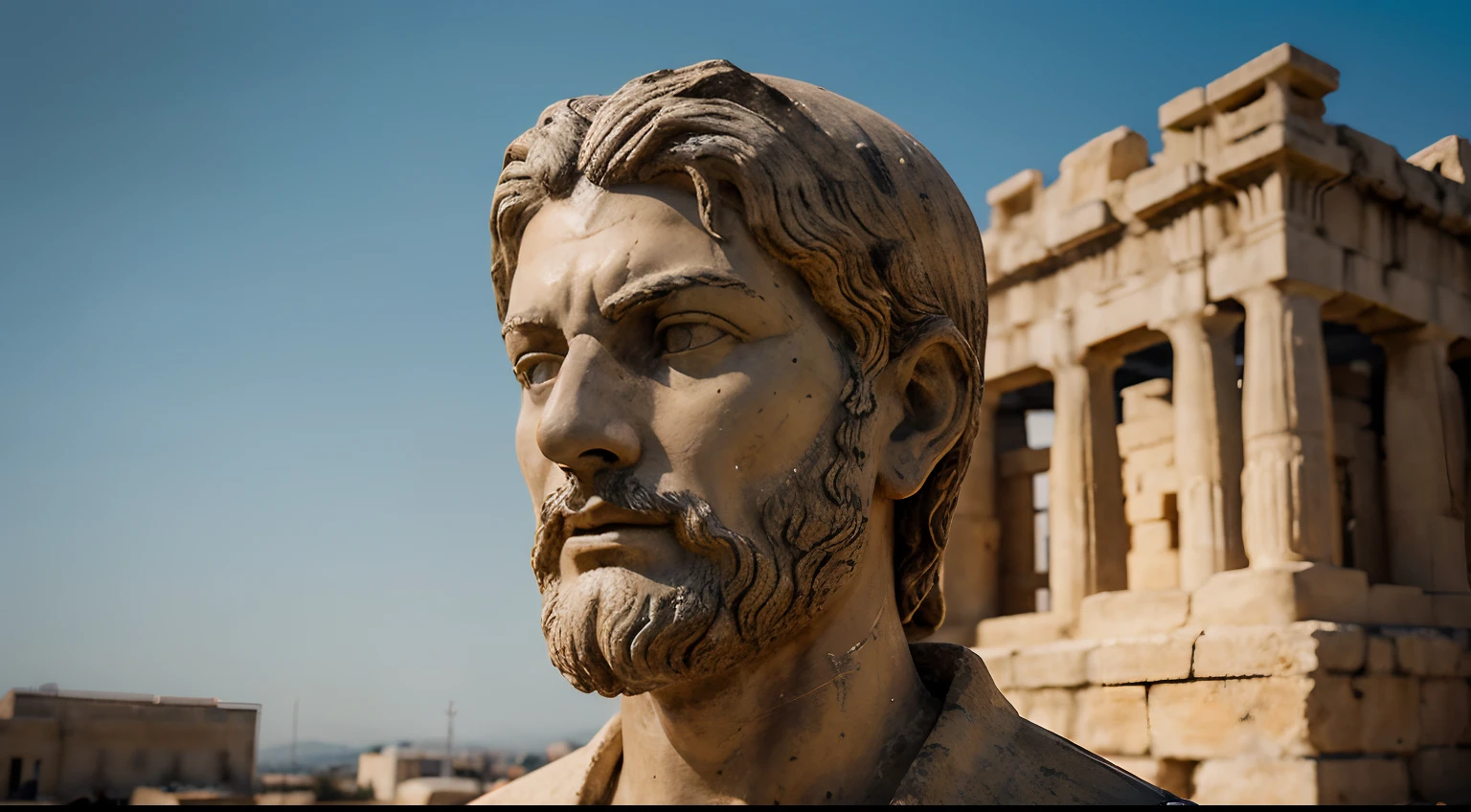 Ancient Stoic Statue With Very Angry Expression, tem barba, muitos detalhes em ambos os olhos, Outside, fundo atenas grego, open sky, com rosto extremamente detalhado full body view, Colors with low saturation with dark tone, Filmado em Sony A7S III com Sony FE 35mm f/1.8, 12.1 MP, --AR 3:2 --estilo cru