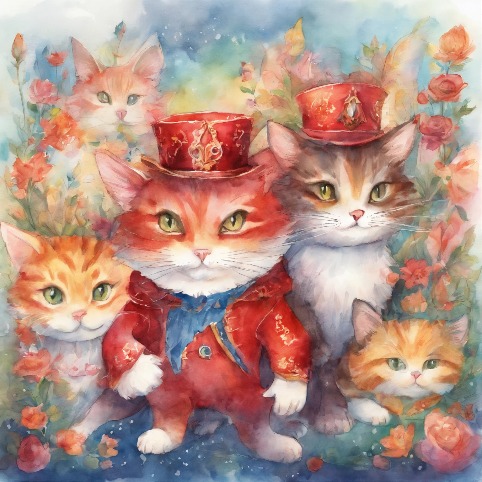 Cat Electric Parade Fantastic atmosphere Picture book illustrations watercolor paiting Overall, the color is strong red