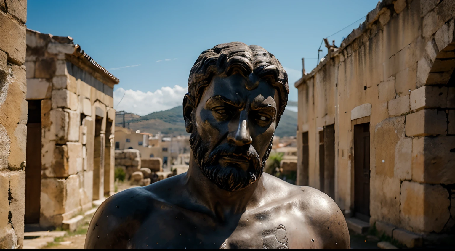 Ancient Stoic Statue With Very Angry Expression, tem barba, muitos detalhes em ambos os olhos, Outside, fundo atenas grego, open sky, com rosto extremamente detalhado full body view, Colors with low saturation with dark tone, Filmado em Sony A7S III com Sony FE 35mm f/1.8, 12.1 MP, --AR 3:2 --estilo cru