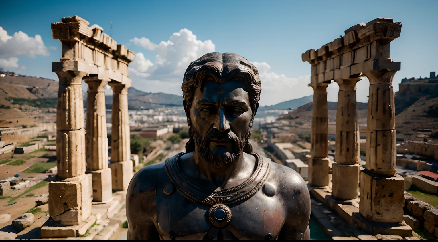 Ancient Stoic Statue With Very Angry Expression, tem barba, muitos detalhes em ambos os olhos, Outside, fundo atenas grego, open sky, com rosto extremamente detalhado full body view, Colors with low saturation with dark tone, Filmado em Sony A7S III com Sony FE 35mm f/1.8, 12.1 MP, --AR 3:2 --estilo cru