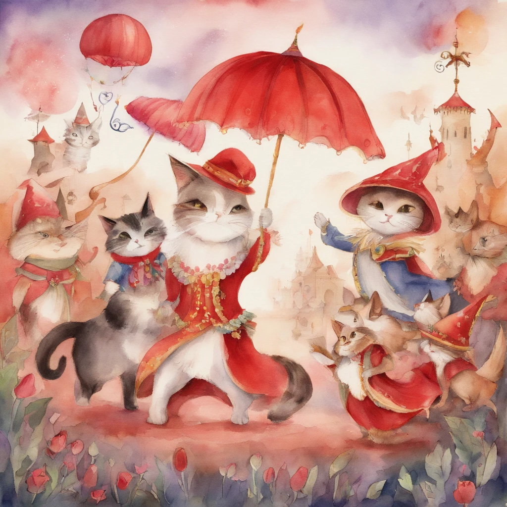 Cat Parade Fantastic atmosphere Picture book illustrations watercolor paiting Overall, the color is strong red