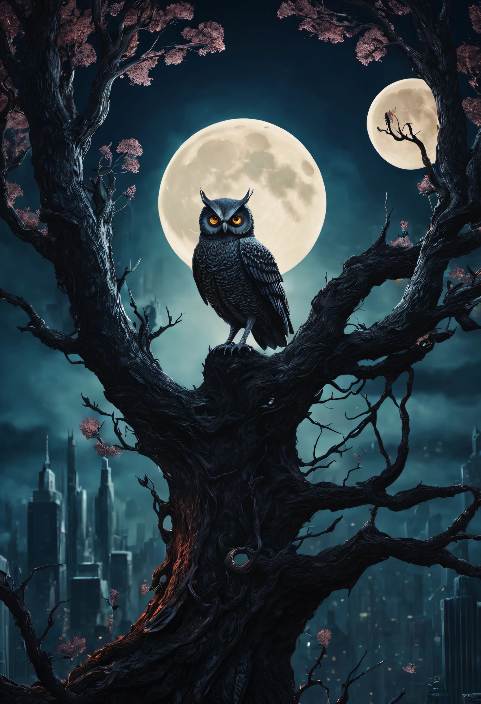 (((tmasterpiece))),best qualtiy,illustratio,Beautiful detail glow, Paper_cut, Hooters, The tree,themoon,gotik,metalictexture,Retro cyberpunk,ultra-realistic realism