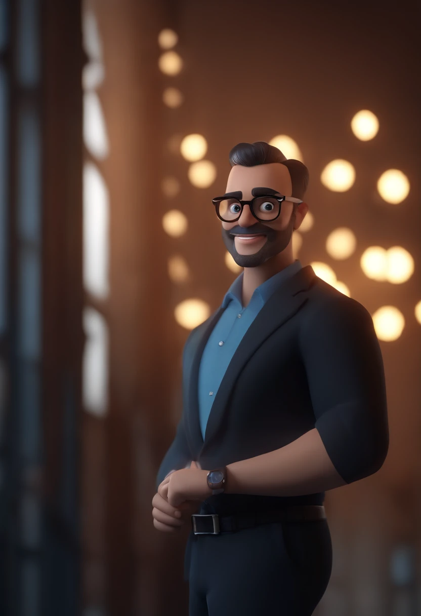 Cartoon character of a man wearing black glasses and a blue shirt, um personagem animado, Caractere estilizado, animation style rendering, 3D estilizado, Arnold Maya render, 3 d render stylized, toon render keyshot, Personagem 3D, Personagem 3D, 3d rendering stylized, 3 d character render, personagem de desenho animado, Personagem de close up, Pose de personagem, (Estilo Pixar) (master part:1.2) (Bokeh) (best quality) (pele detalhada) (textura detalhada) (8k) (argila) (Cinematic lighting) (foco nítido,Senta e vaza a parte superior do corpo