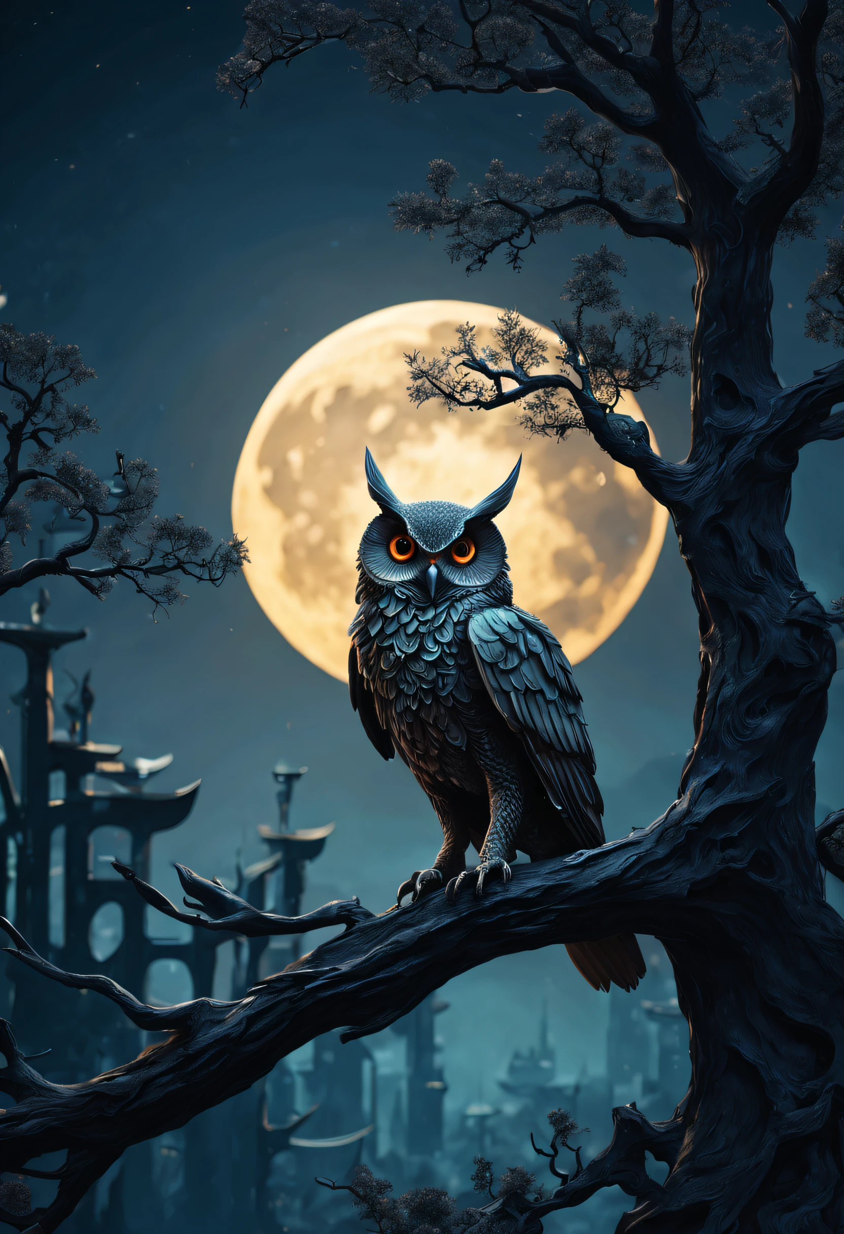 (((tmasterpiece))),best qualtiy,illustratio,Beautiful detail glow, Paper_cut, Hooters, The tree,themoon,gotik,metalictexture,Retro cyberpunk,ultra-realistic realism