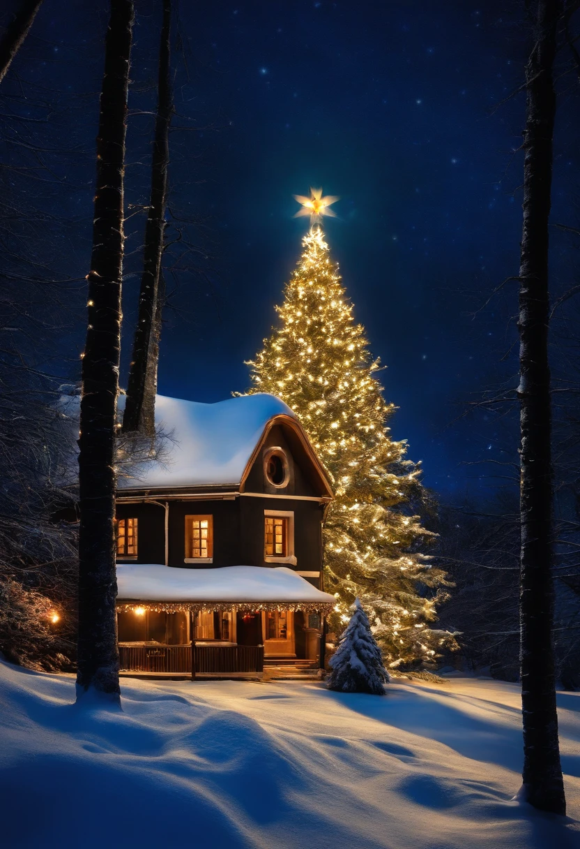sapin de noel sous la neige au clair de lune avec pere noel, glowing light, sparkle, depth of field, f/1.8, Eye-Level Shot, Wide-Angle, Romanticism, Conceptual art, high detail, Color Field painting, Verism, Genre painting
