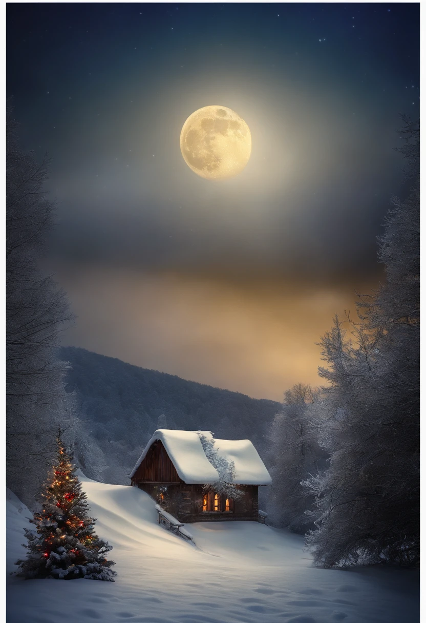 sapin de noel sous la neige au clair de lune avec pere noel, glowing light, sparkle, depth of field, f/1.8, Eye-Level Shot, Wide-Angle, Romanticism, Conceptual art, high detail, Color Field painting, Verism, Genre painting