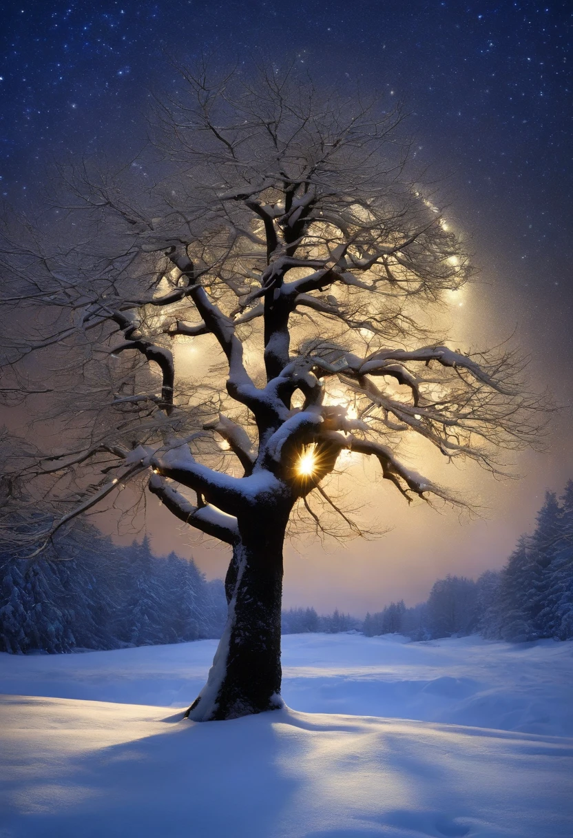sapin de noel sous la neige au clair de lune avec pere noel, glowing light, sparkle, depth of field, f/1.8, Eye-Level Shot, Wide-Angle, Romanticism, Conceptual art, high detail, Color Field painting, Verism, Genre painting