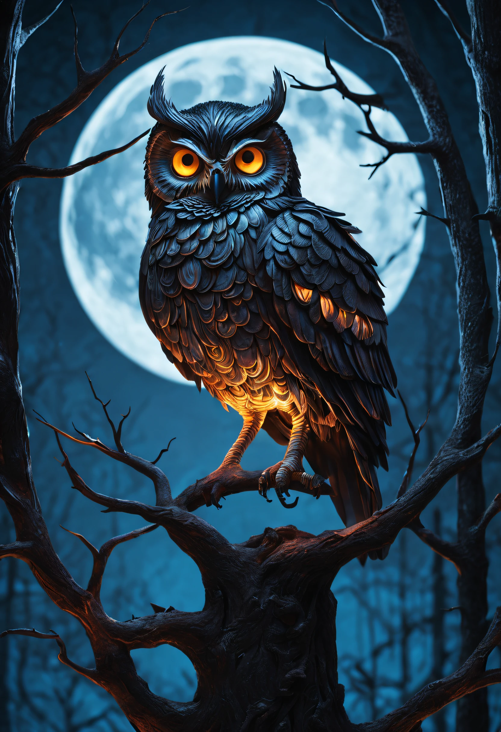 （（（tmasterpiece））），best qualtiy，illustratio，Beautiful detail glow， Paper_cut， Hooters， The tree，themoon，gotik，metalictexture，Retro cyberpunk，ultra-realistic realism