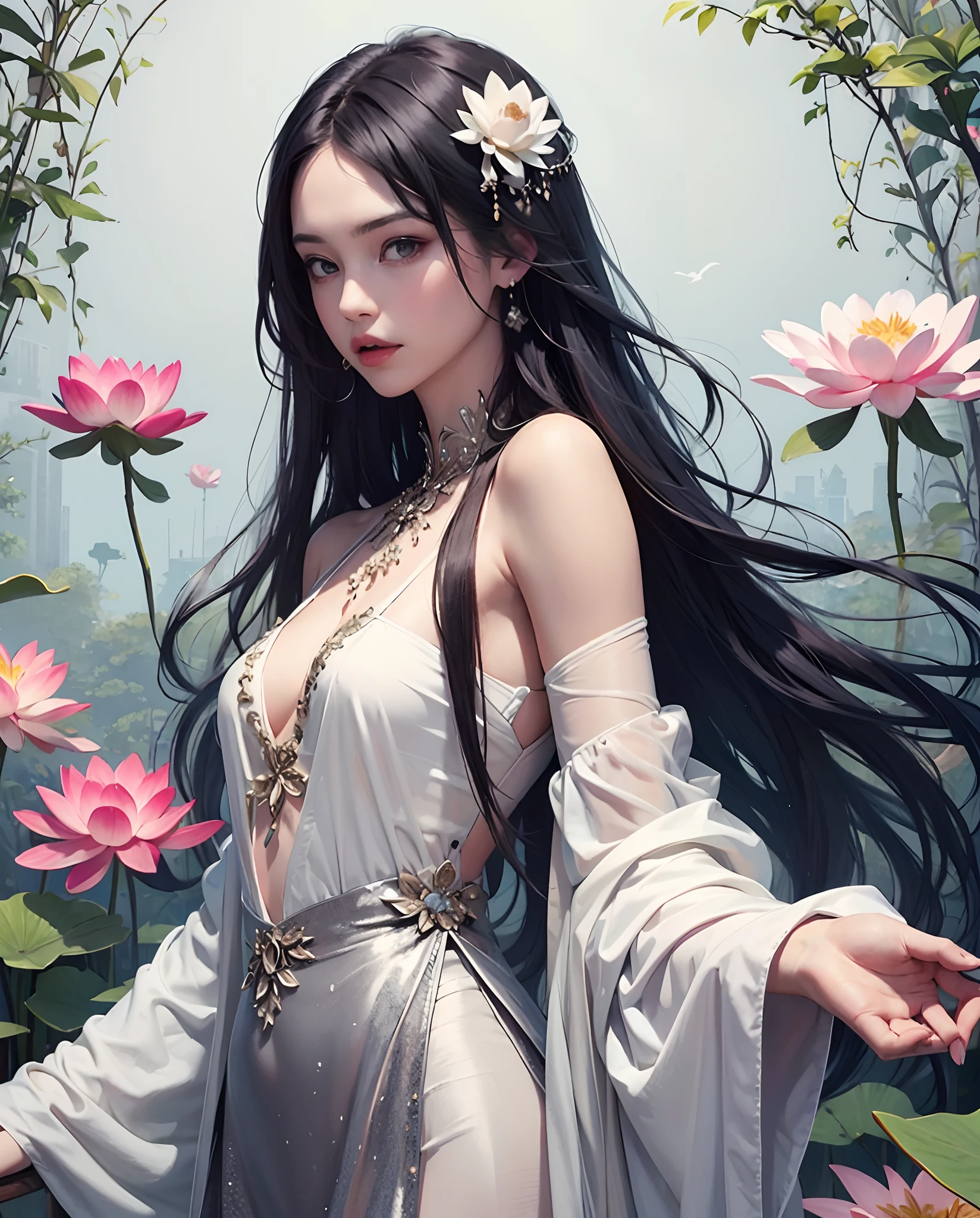 masterpiece,(masterpiece, top quality, best quality),1girl, long hair, bird, flower, black hair, lotus, solo, hair ornament, dress, bare shoulders, very long hair, upper body