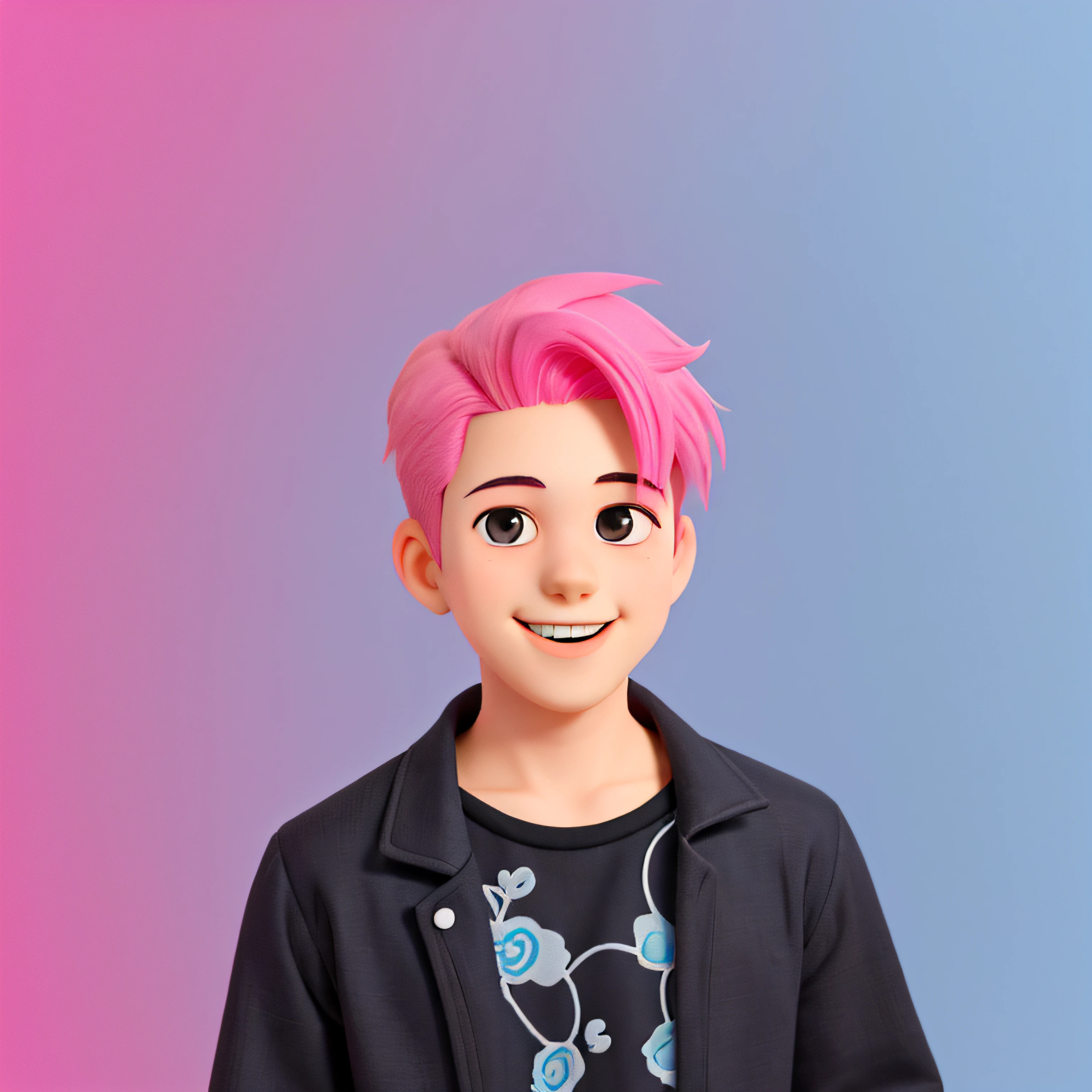 boy with pink hair, wear black batik, background blank, smile