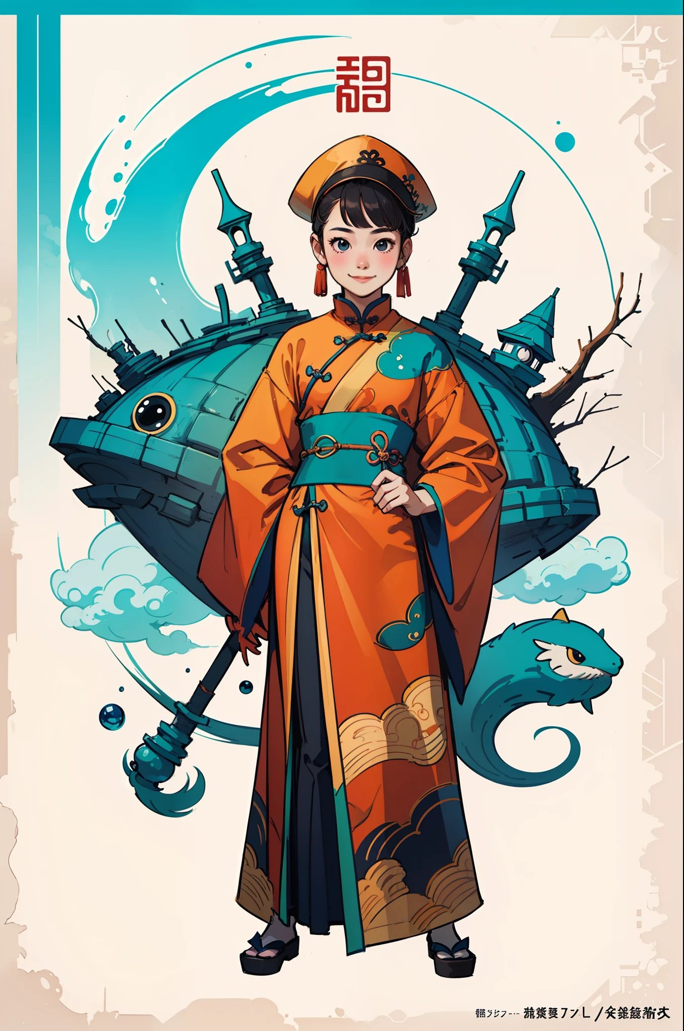A cute girl ,Wear Chinese-style clothing,Stand naturally,facing at camera,Smiling happily,with hat,solid color backdrop,Bubble Mart style,simplistic design,IP image,High-quality natural color combination、Bright and harmonious、cutecolors、Meticulous character design、behans、Haipai style、Organic sculpture、3D animation style character design、cartoon realistic、Interesting character setting、Ray traching、Children's illustration style
