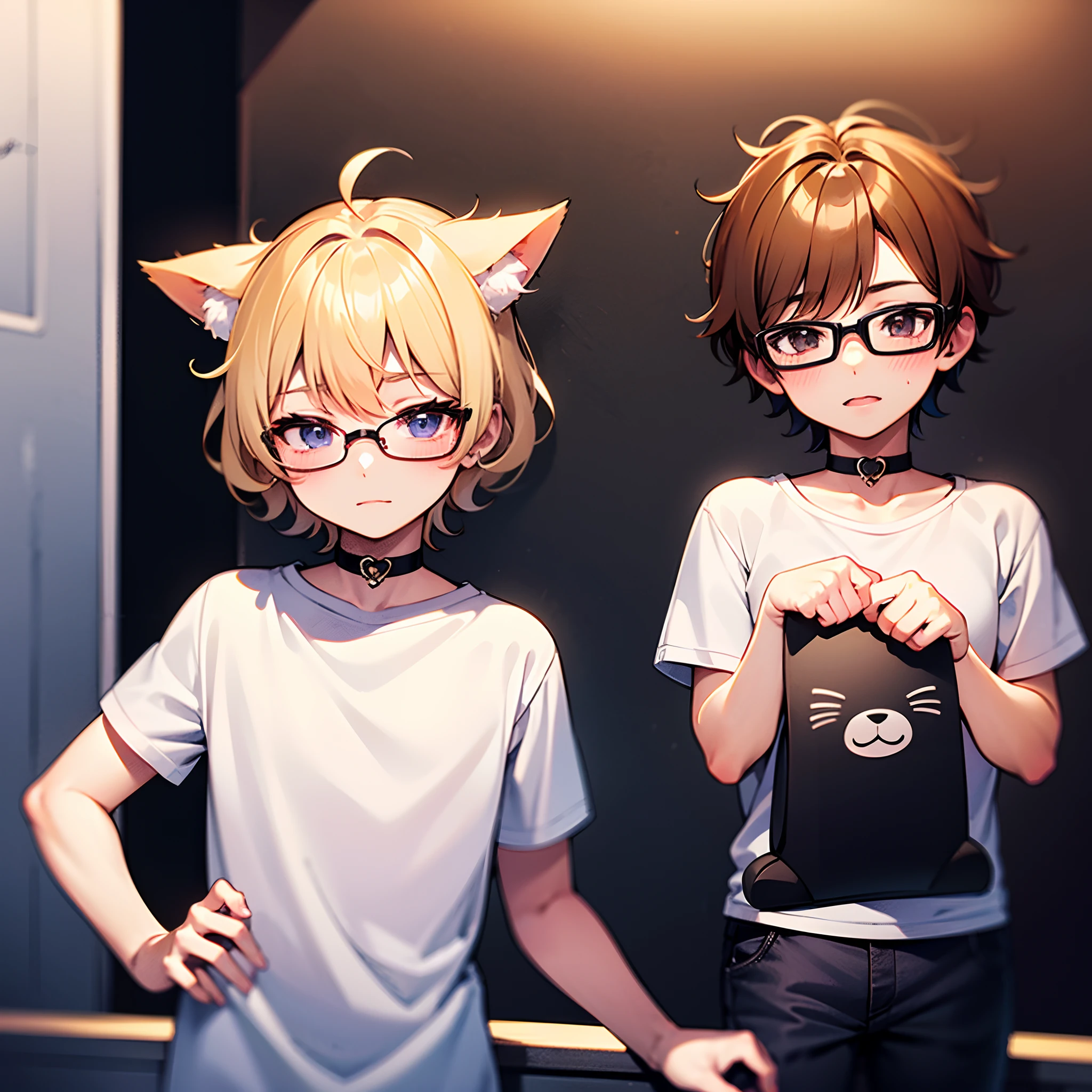 14 year old boy, femboy, short and blonde curly hair, glasses, white shirt with cat face on it, alluring, shota, attractive, child