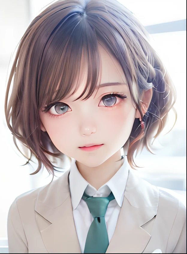 best quality, masterpiece, highres, solo, Good anatomy, anime girl with purple hair and a green tie, anime visual of a cute girl, anime moe artstyle, anime portrait of takamatsu tomori, short hair, school uniform, good anatomy,
