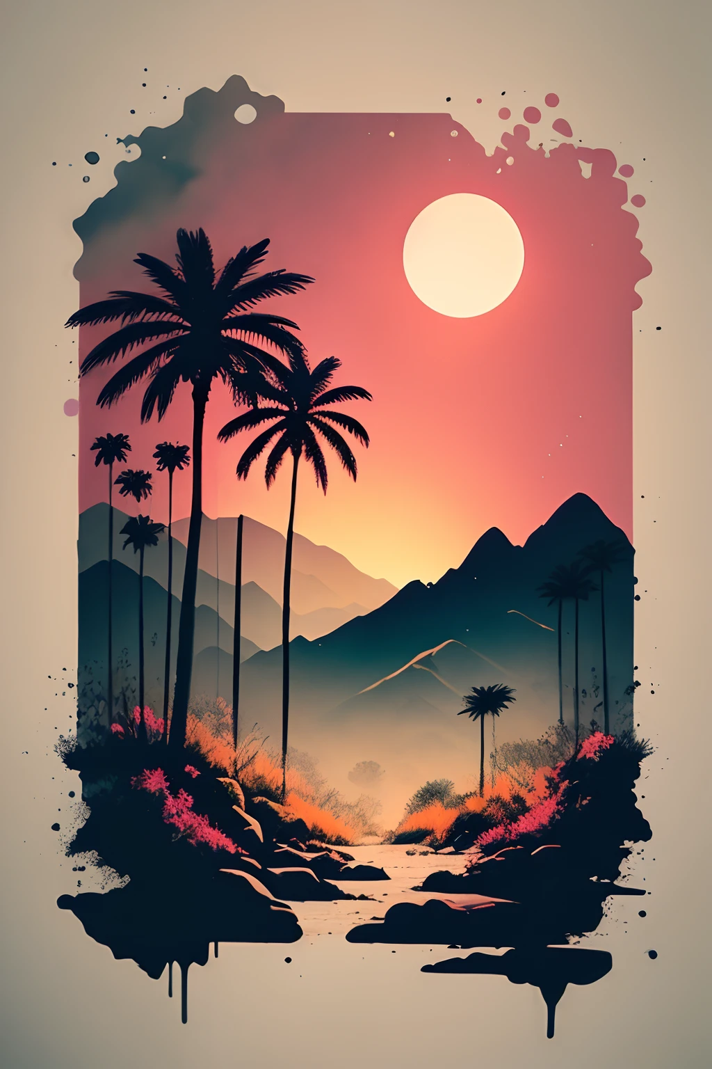 Circular design for a T-shirt, circular frame, (La mejor calidad,4k,8k,Altas Resoluciones,Obra maestra:1.2),Ultra detallado,(realista,fotorrealista,fotorrealista:1.37),neon, Synthwave, retro,Sunset landscape with mountains and palm trees,Tonos de color suaves,Soft lighting