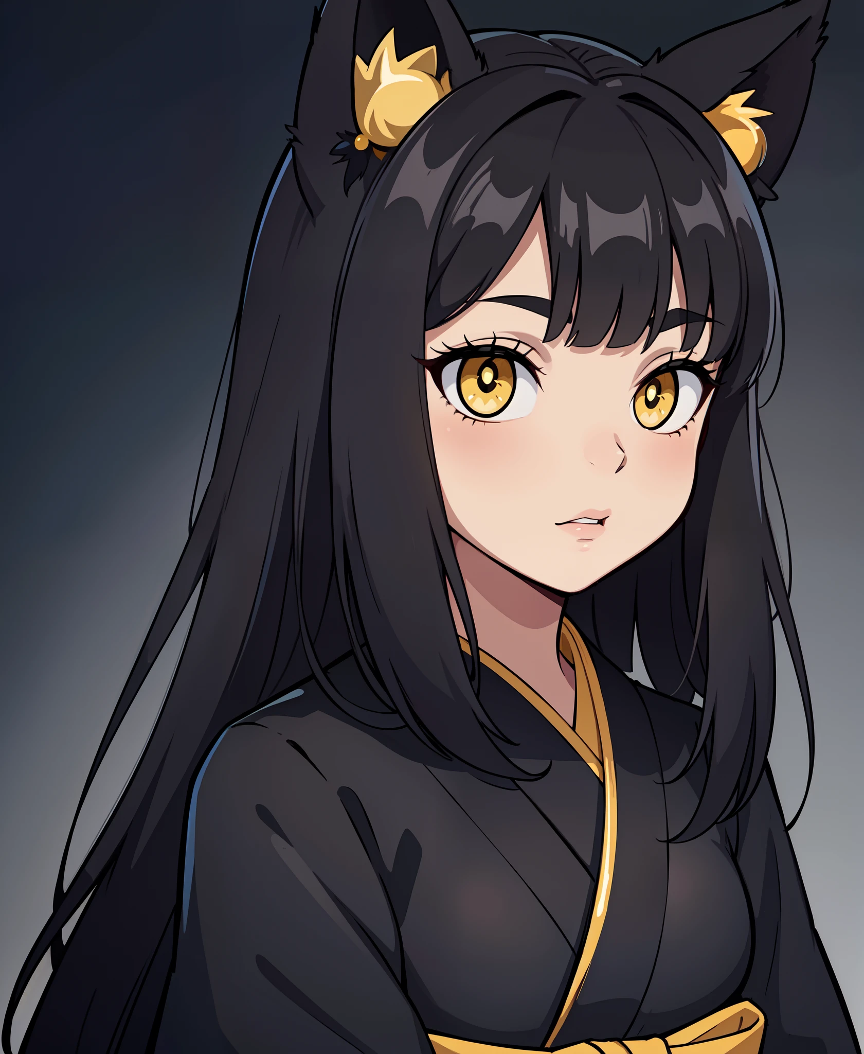 (best quality) ((extremely detailed)), bright black hair and yellow eyes, long hair, big eyes, star-shaped eyes, classic style, classic fashion, hair ornament, wolf ears, Japanese style atmosphere, mysterious background, Olive and black color scheme