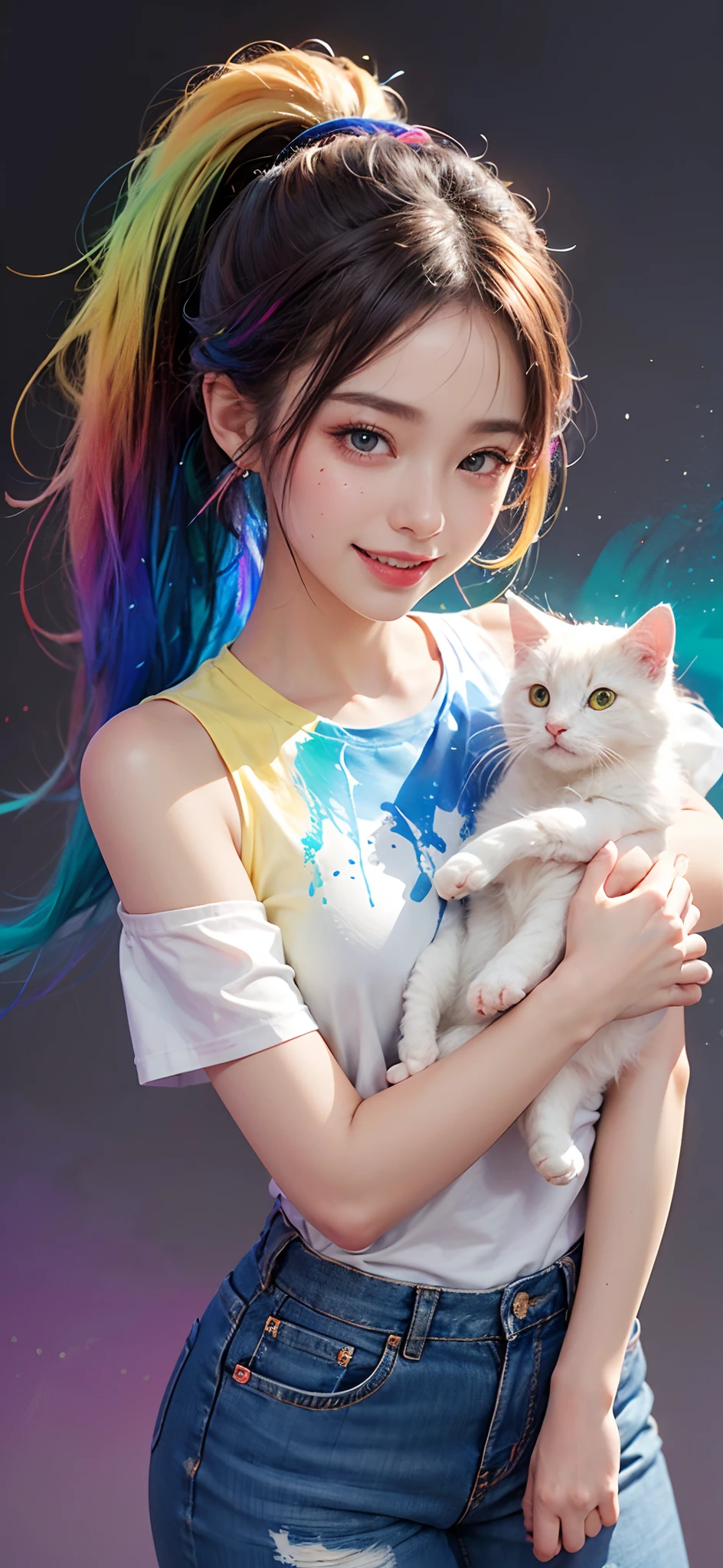 (solid background with thick paint color splash of acrylic pigment:1.6), large crystal clear eyes, (rainbow colored high ponytail:1.6), exquisite makeup, Small Fresh, Wipe Chest, long eyelashes, (white off-shoulder Fashion T-shirt, color splash:1.6, thick paint style, messy lines, colorful:1.4, acrylic pigment), (Highest Image Quality, Masterpiece, Depth of Field), wind, (colorful background, high saturation), (random face expression), (sometimes hold a cat in her arms:0.8), (random flowers),