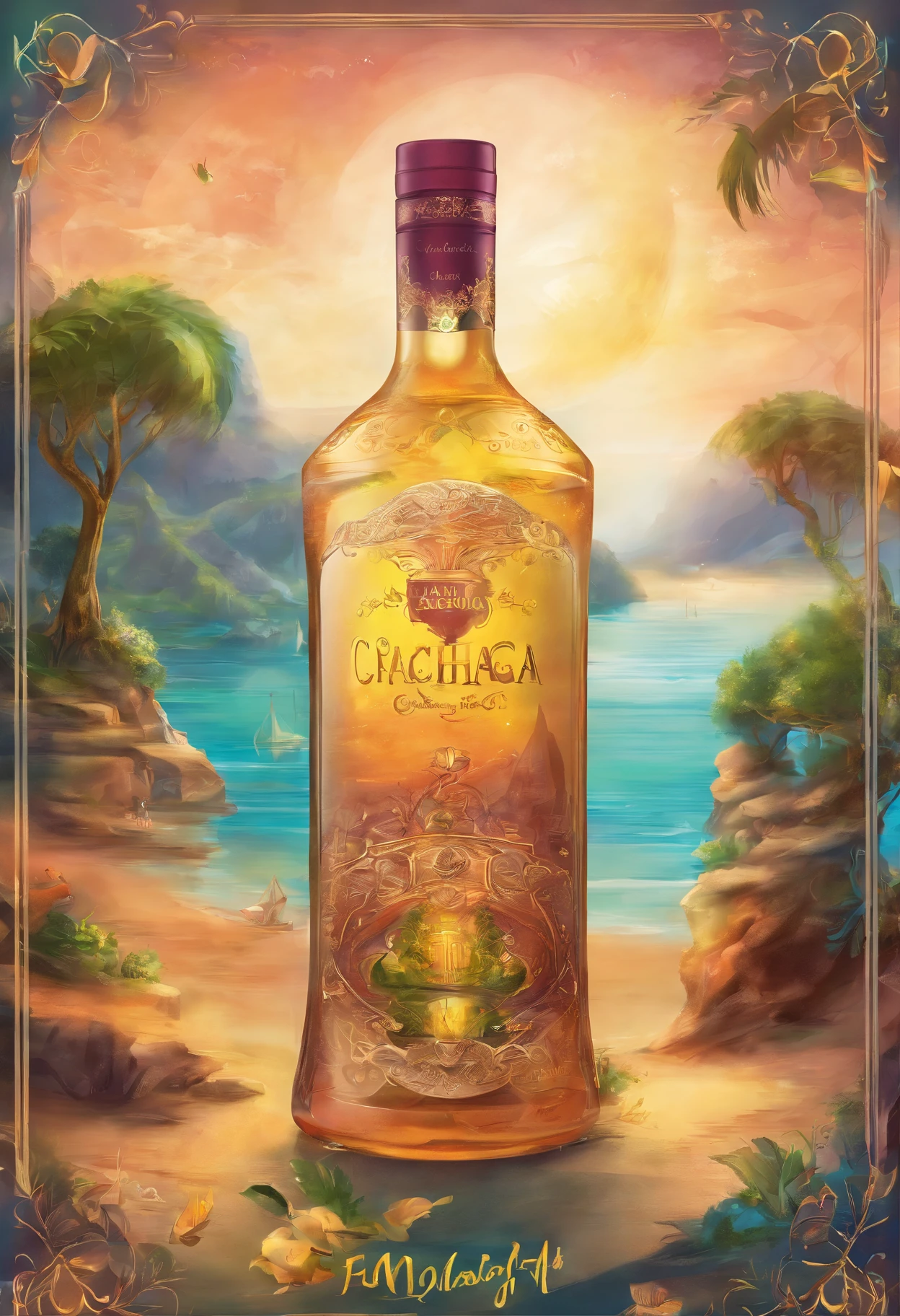 A bottle of Cachaça, On it is written: Fabulous Cachaça. 4 temas, 1 dia, 1 tarde, 2 noites. Focus on the Bottle of Cachaça with the label written on it: Fabulous Cachaça