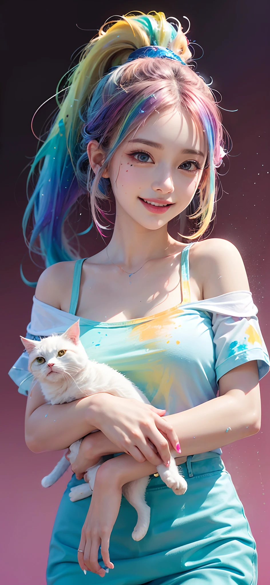 (solid background), (a lot of thick acrylic pigment color splashes on a background and the girls clothes:1.9), large crystal clear eyes, (rainbow colored high ponytail hair:1.6), (exquisite makeup, long eyelashes, small fresh, wipe chest), (white off-shoulder Fashion T-shirt), (many color splashes of acrylic pigment thick paint on her clothes:1.6), (Highest Image Quality, Masterpiece, Depth of Field), (lovely smile, excited), (sometimes hold a cat in her arms:0.8),