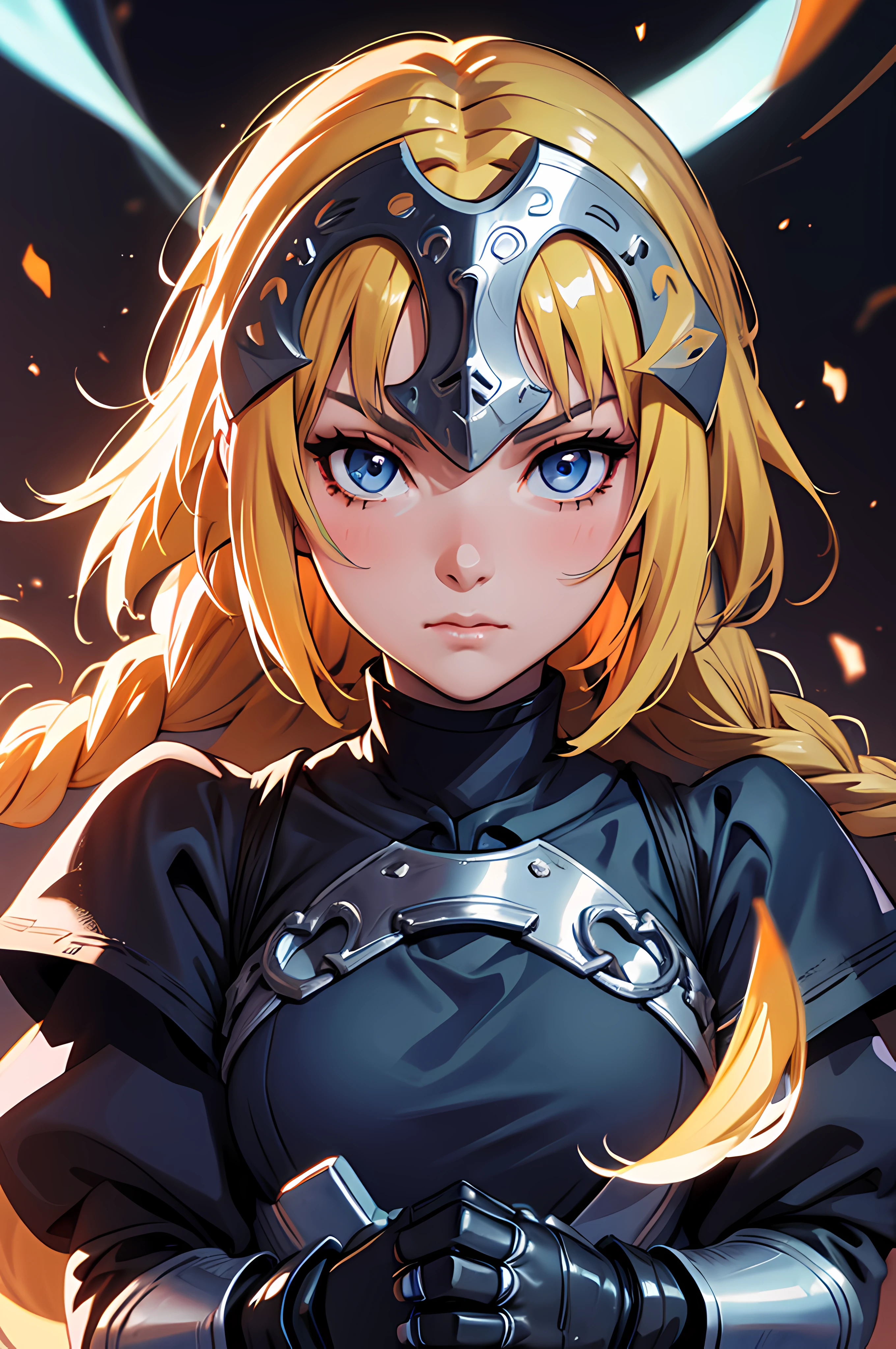 ((face portrait)), 1girl, solo, (masterpiece), best quality, expressive eyes, perfect face, jeannedarc, jeanne darc, blonde hair, blue eyes, long hair, armor, armored boots, armored dress, black gloves, black thighhighs, braid, dress, gauntlets, safety face, gloves, headpiece, blue dress, single braid, thighhighs, looking at viewer