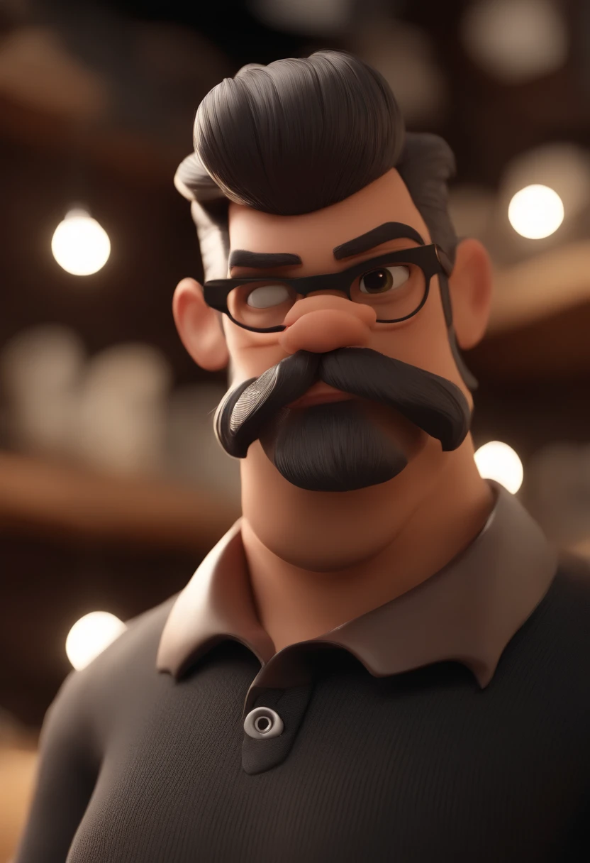 Cartoon character of a man with black glasses and a black polo shirt, cabelo liso, With beard and old school tattoo on his arm, animation character, Caractere estilizado, animation style rendering, 3D estilizado, Arnold Maya render, 3 d render stylized, toon render keyshot, Personagem 3D, Personagem 3D, 3d rendering stylized, 3 d character render, personagem de desenho animado, Personagem de close up, Pose de personagem, (Estilo Pixar) (master part:1.2) (Bokeh) (best quality) (pele detalhada) (textura detalhada) (8k) (argila) (Cinematic lighting) (foco nítido