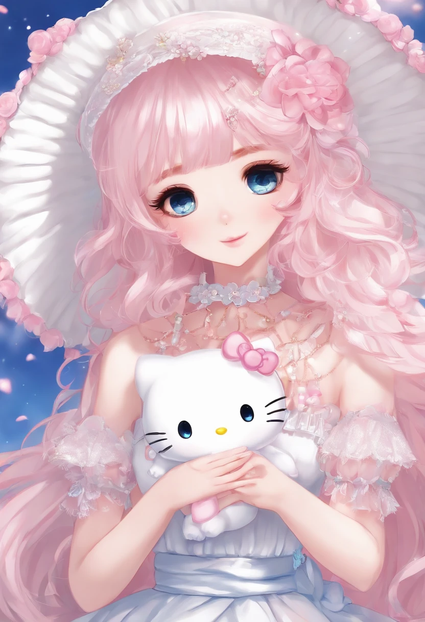 Anime, hello kitty, kawaii, blaue augen,anime mächen, big, Sweet smile, beautiful eyelashes, kleid rosa und weiss
