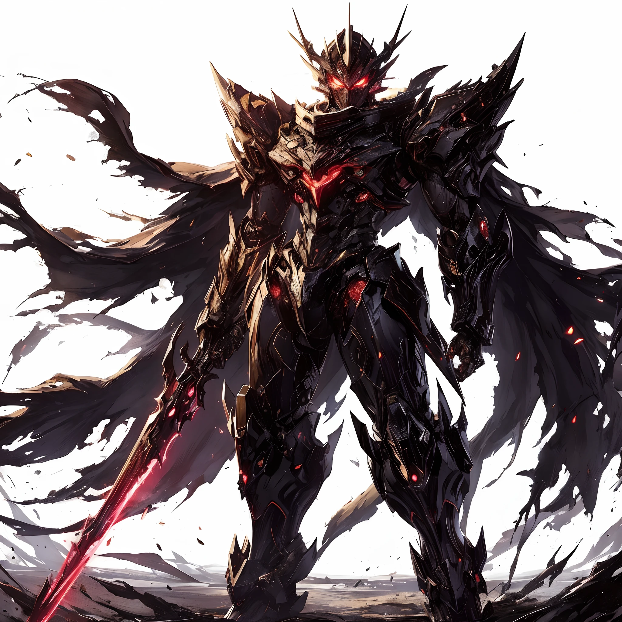 (masutepiece, Best Quality), Ultra-detailed, Anime style, Full body, New Exclusive Mobile Suit, Burnt black armor with gold accents, Standing in the wasteland, red eyes glowing, Wearing a shabby cloak, very stylish, 8K High Resolution, White background, Whole body, Hold Blade, Long Blade Antenna, Fist burning black and purple flames, Lightning is floating,