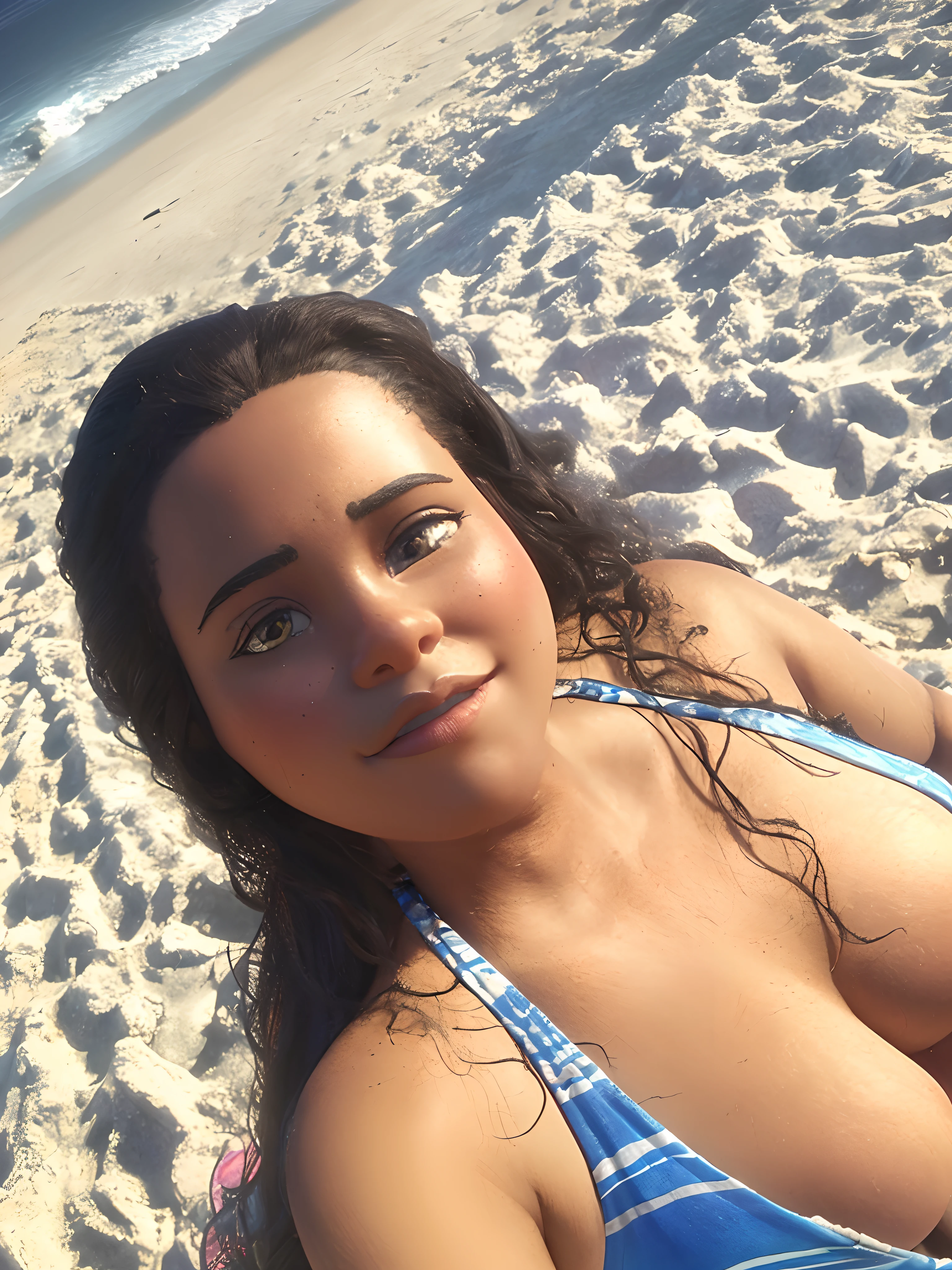 Carolina, 3d poster inspired by Disney/Pixar capturing a scene with, Black woman Portrait of exotic beautiful woman, approximately 15 kilos overweight, wearing fashionable clothes on a beach, perfect detailed face, detailed symmetrical brown eyes with circular iris, realistic, stunning realistic photography, 3d rendering, octane rendering , intricately detailed, cinematic, trending on artstation , Isometric, hyperrealistic cover photo centered, stunning colors, hand-drawn, dark, gritty, mucha, klimt, erte 12k, high definition, cinematic, neoprene, behance contest winner, featured portrait no unsplash, stylized digital artwork, smooth, ultra high definition, 8k, unreal engine 5, ultra sharp focus, intricate artwork, menacing, epic, TanvirTamim, trending on artstation, by artgerm, h. r. giger and beksinski, highly detailed, vibrant, in the background people with the same body type walking on the beach