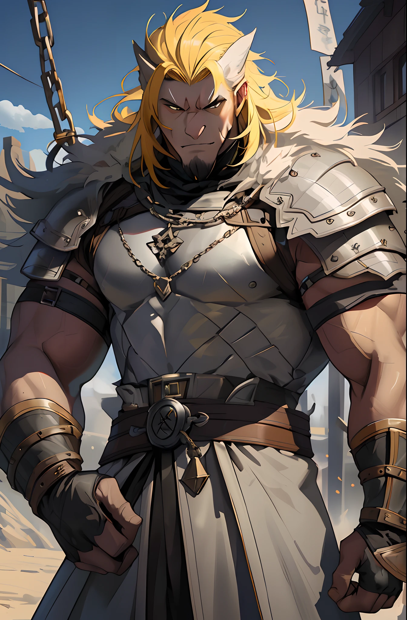 Shifter, warrior, swarthy, light gray eyes, Yellow hair ,sideburns, Warrior's Clothing, Big nose, human face, Full-length, Height 174, Weight 65 kilograms, Chain mail, Half-Beast, Furry.