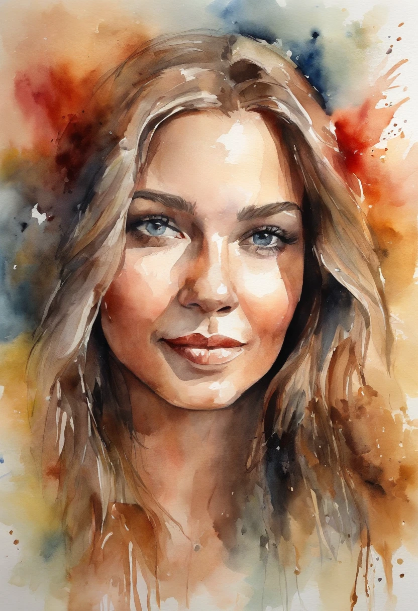 watercolor, Textured portrait of a beautiful woman with expressive eyes: Slavic appearance, Correct facial features, smile, radiating warmth and love.