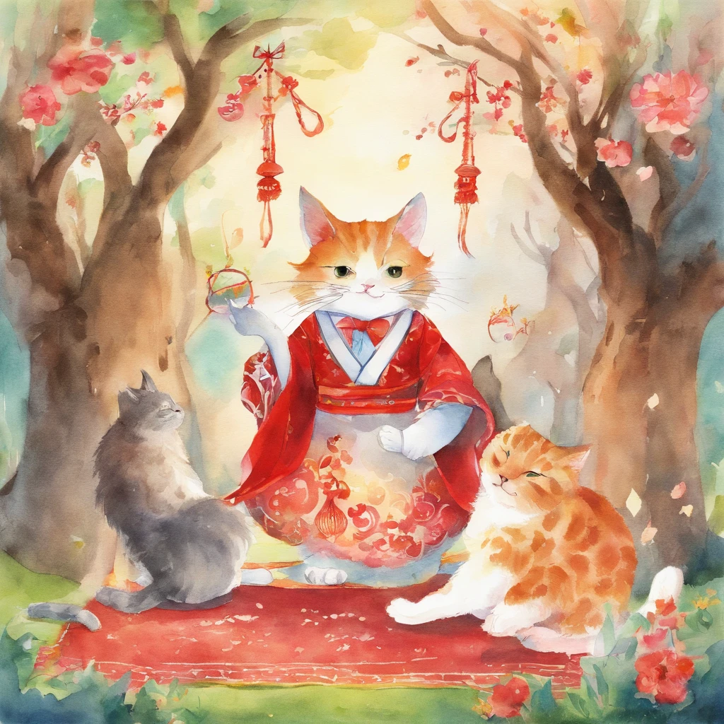 Cat Bon Odori Fantastic atmosphere Picture book illustrations watercolor paiting Overall, the color is strong red