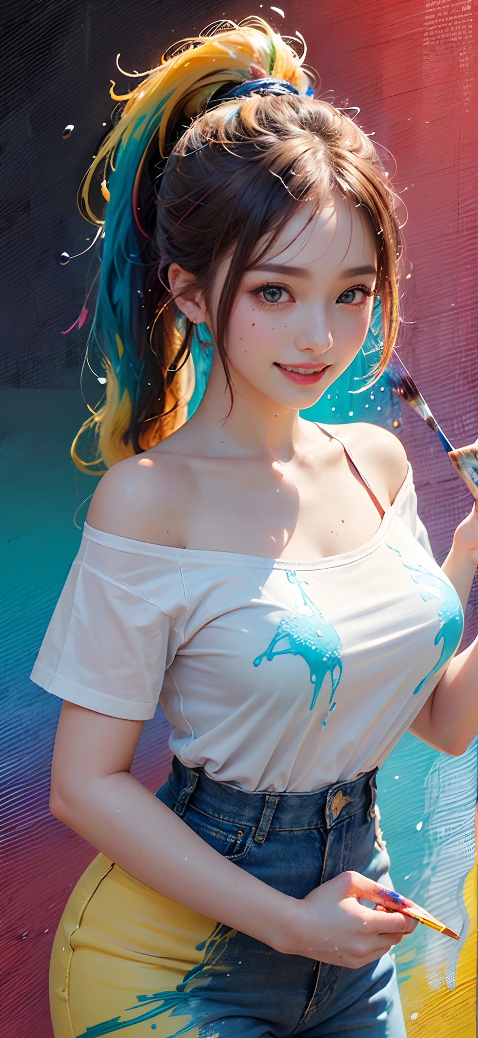 (solid background), ((a lot of thick acrylic pigment color splashes on a background and the girls clothes, vivid colors of splash and thick paints):1.9), large crystal clear eyes, (rainbow colored high ponytail hair:1.6), (exquisite makeup, long eyelashes, small fresh, wipe chest), (white off-shoulder Fashion T-shirt:1.2), (a lot of color splashes of thick acrylic pigment thick paint on her clothes:1.6), (Highest Image Quality, Masterpiece, Depth of Field), (lovely smile, excited), (sometimes hold a cat in her arms:0.8),