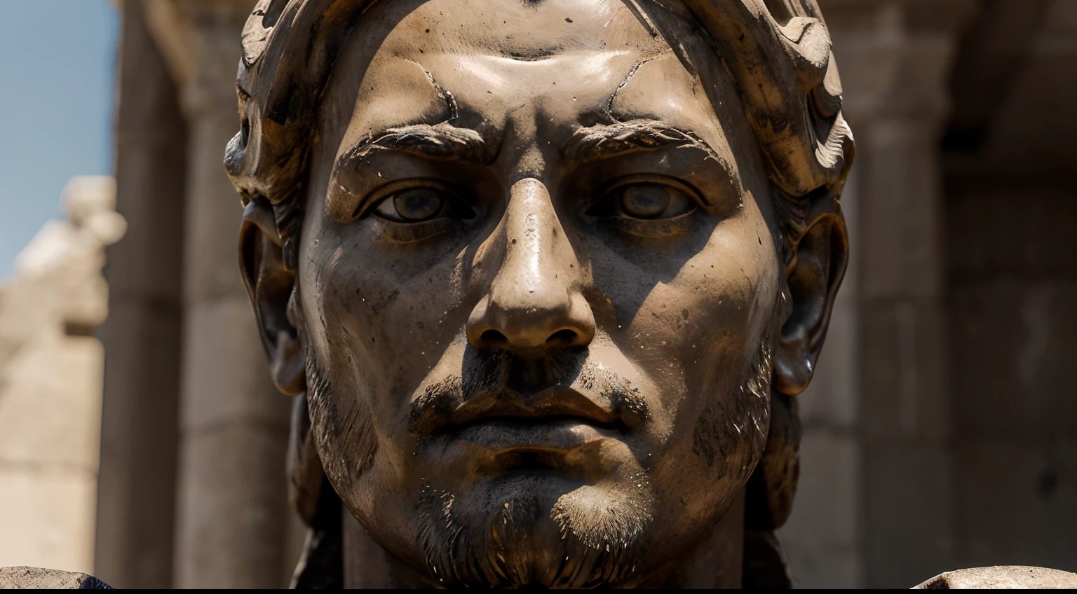 Ancient Stoic Statue With Very Angry Expression, tem barba, muitos detalhes em ambos os olhos, Outside, fundo atenas grego, open sky, com rosto extremamente detalhado full body view, Colors with low saturation with dark tone, Filmado em Sony A7S III com Sony FE 35mm f/1.8, 12.1 MP, --AR 3:2 --estilo cru