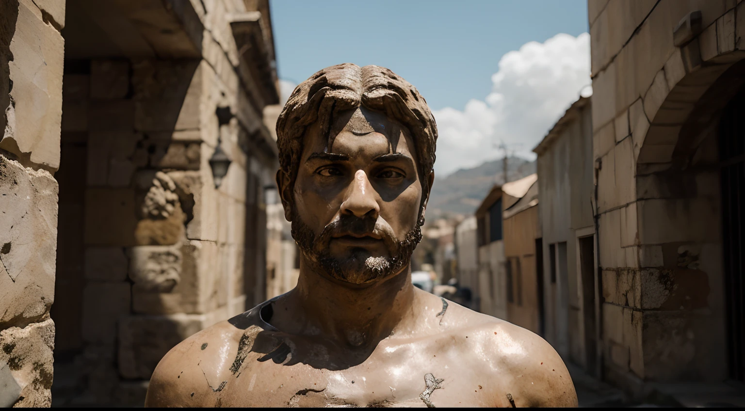 Ancient Stoic Statue With Very Angry Expression, tem barba, muitos detalhes em ambos os olhos, Outside, fundo atenas grego, open sky, com rosto extremamente detalhado full body view, Colors with low saturation with dark tone, Filmado em Sony A7S III com Sony FE 35mm f/1.8, 12.1 MP, --AR 3:2 --estilo cru