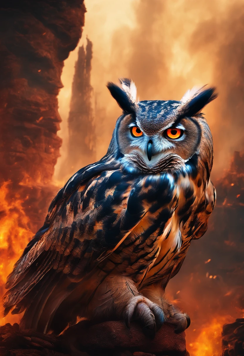 A doomsday scene,Huge owls stand on the ruins of the ancient castle,Collapsed buildings,Rubble blocks,fire glow,dense smoke,waterface,inverted image,Sharp focus,Bokeh,depth of fields,Works of masters,super-fine,Hyper-realistic,8K,Best picture quality,Detailed description,电影灯光,cinematic perspective