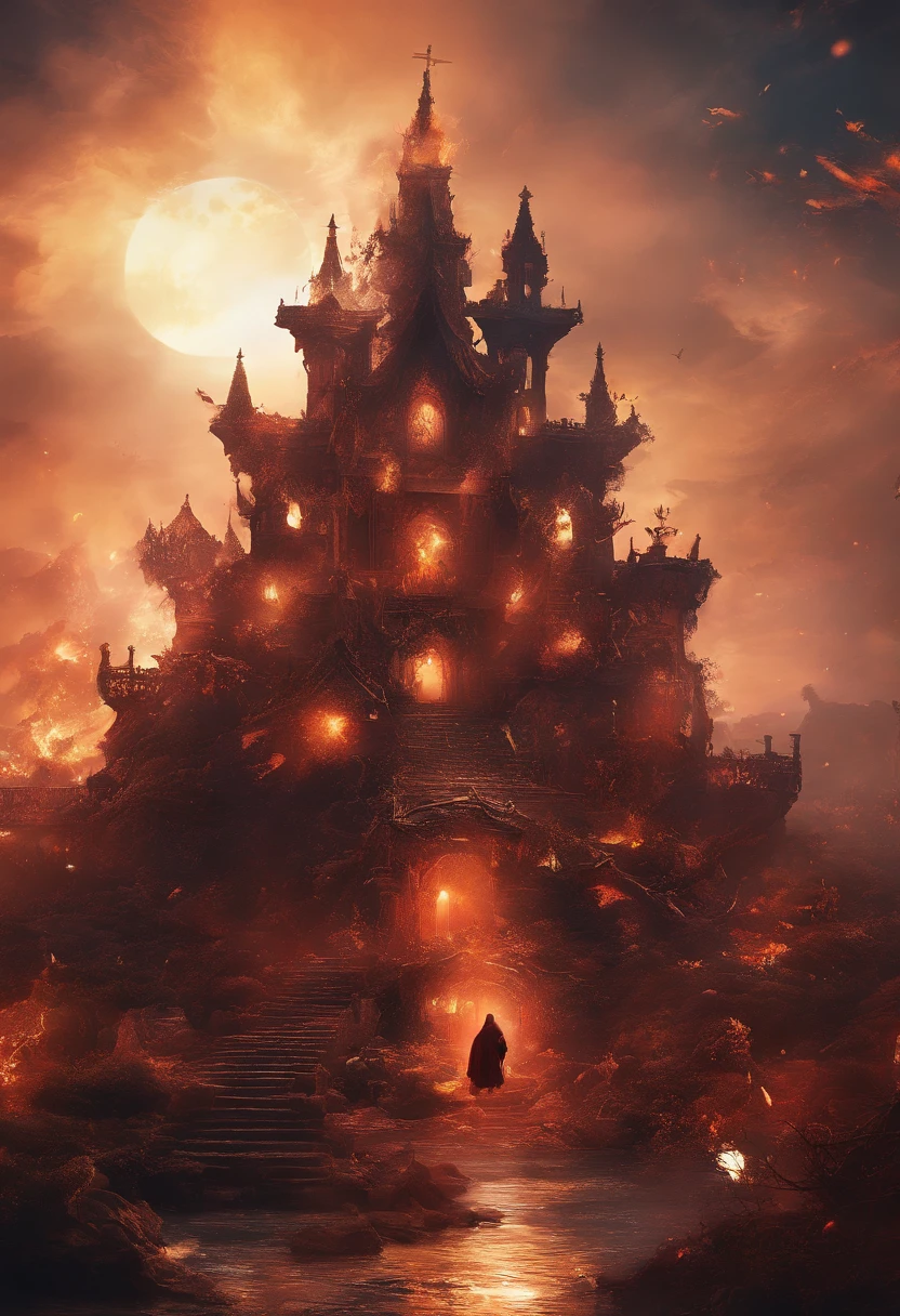 A doomsday scene,Huge owls stand on the ruins of the ancient castle,Collapsed buildings,Rubble blocks,fire glow,dense smoke,waterface,inverted image,Sharp focus,Bokeh,depth of fields,Works of masters,super-fine,Hyper-realistic,8K,Best picture quality,Detailed description,电影灯光,cinematic perspective
