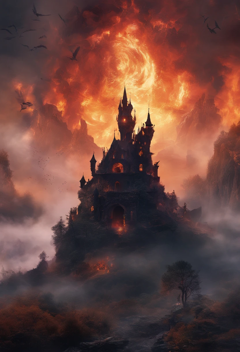 A doomsday scene,Huge owls stand on the ruins of the ancient castle,Collapsed buildings,Rubble blocks,fire glow,dense smoke,waterface,inverted image,Sharp focus,Bokeh,depth of fields,Works of masters,super-fine,Hyper-realistic,8K,Best picture quality,Detailed description,电影灯光,cinematic perspective