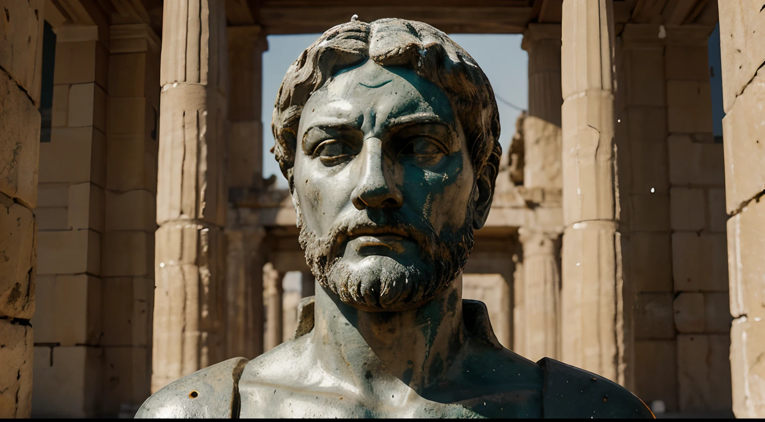 Ancient Stoic Statue With Very Angry Expression, tem barba, muitos detalhes em ambos os olhos, Outside, fundo atenas grego, open sky, com rosto extremamente detalhado full body view, Colors with low saturation with dark tone, Filmado em Sony A7S III com Sony FE 35mm f/1.8, 12.1 MP, --AR 3:2 --estilo cru
