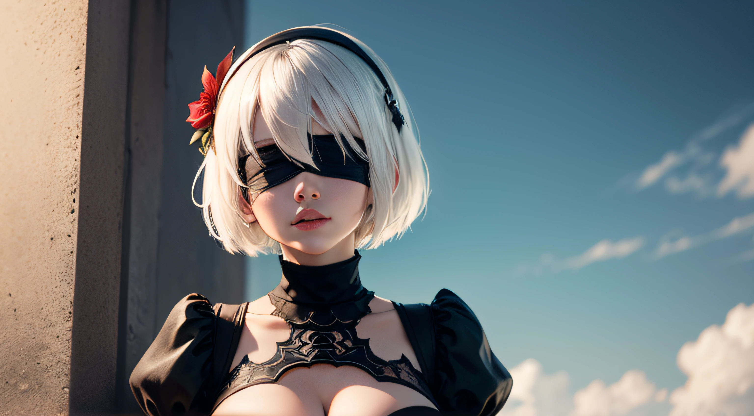 yorha no. 2 type b, 1girl, wlop, (blindfold), breasts, cleavage, cleavage cutout, clothing cutout, green background, hair between eyes, hairband, highres, juliet sleeves, long sleeves, nier (series), nier automata, puffy sleeves, red lips, shaded face, short hair, solo, turtleneck, upper body, white hair, sky