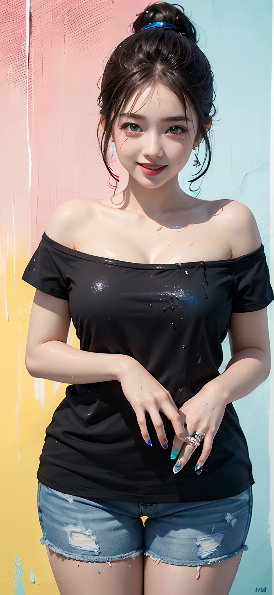 (solid background), ((a lot of thick acrylic pigment color splashes on a background and the girls clothes, vivid colors of splash and thick paints):1.9), large crystal clear eyes, (rainbow colored high ponytail hair:1.6), (exquisite makeup, long eyelashes, small fresh, wipe chest), (white off-shoulder Fashion T-shirt:1.2), (a lot of color splashes of thick acrylic pigment thick paint on her clothes:1.6), (Highest Image Quality, Masterpiece, Depth of Field), (lovely smile, excited), (sometimes hold a cat in her arms:0.8),