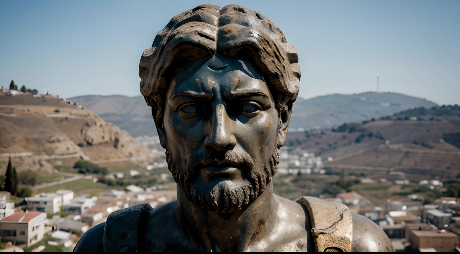 Ancient Stoic Statue With Very Angry Expression, tem barba, muitos detalhes em ambos os olhos, Outside, fundo atenas grego, open sky, com rosto extremamente detalhado full body view, Colors with low saturation with dark tone, Filmado em Sony A7S III com Sony FE 35mm f/1.8, 12.1 MP, --AR 3:2 --estilo cru