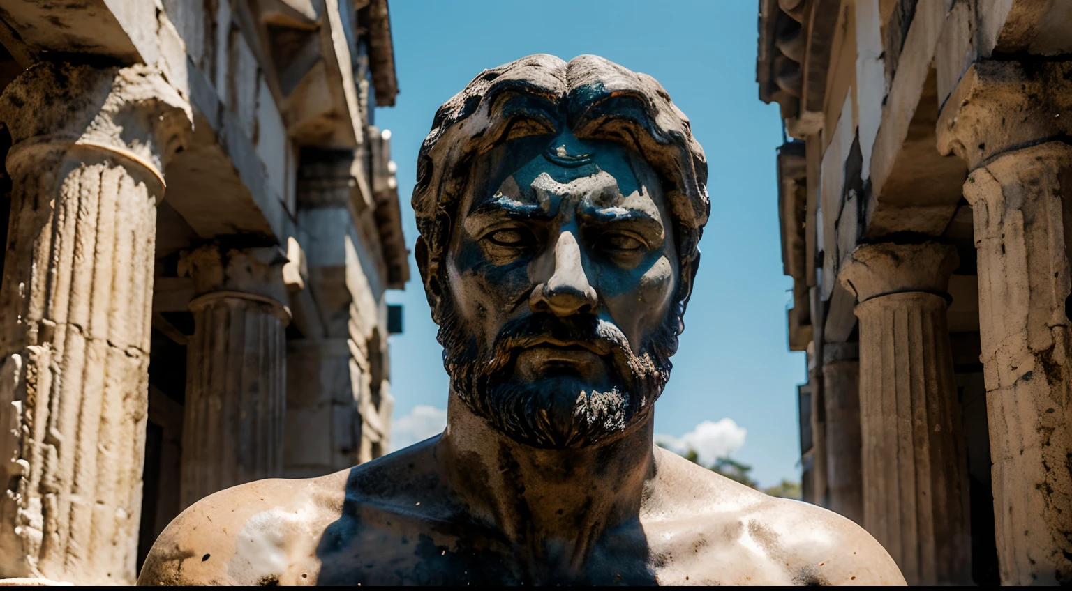 Ancient Stoic Statue With Very Angry Expression, tem barba, muitos detalhes em ambos os olhos, Outside, fundo atenas grego, open sky, com rosto extremamente detalhado full body view, Colors with low saturation with dark tone, Filmado em Sony A7S III com Sony FE 35mm f/1.8, 12.1 MP, --AR 3:2 --estilo cru