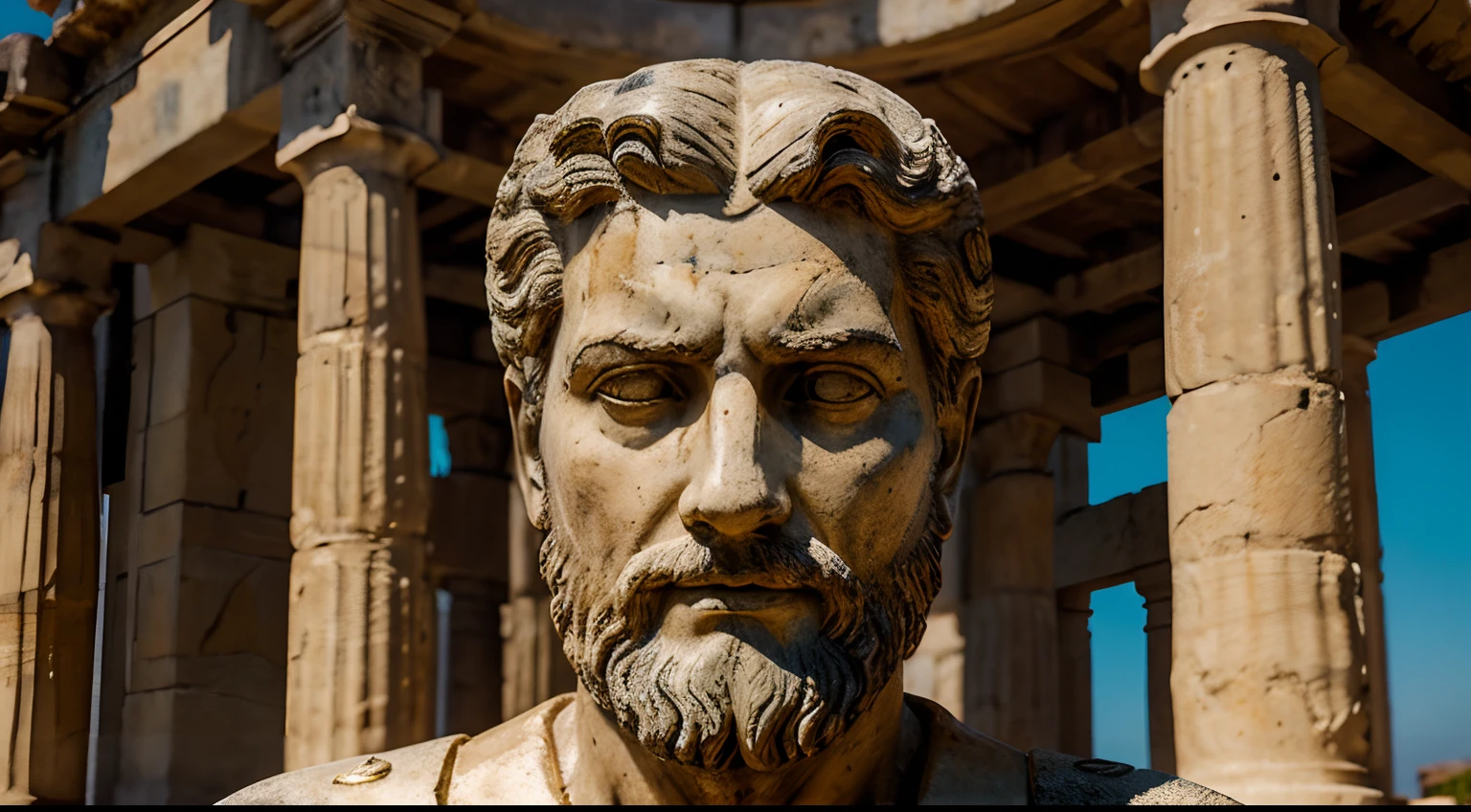 Ancient Stoic Statue With Very Angry Expression, tem barba, muitos detalhes em ambos os olhos, Outside, fundo atenas grego, open sky, com rosto extremamente detalhado full body view, Colors with low saturation with dark tone, Filmado em Sony A7S III com Sony FE 35mm f/1.8, 12.1 MP, --AR 3:2 --estilo cru