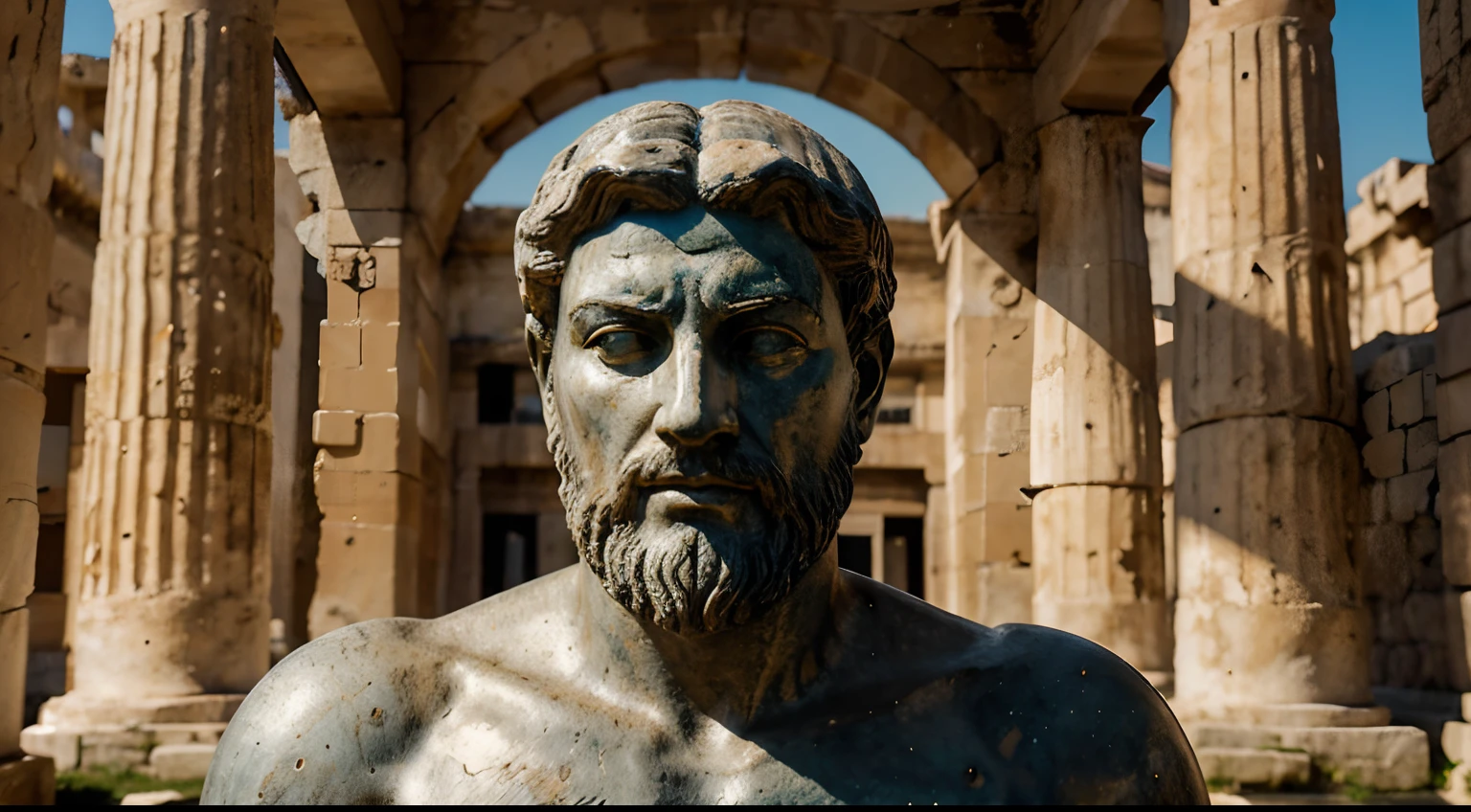 Ancient Stoic Statue With Very Angry Expression, tem barba, muitos detalhes em ambos os olhos, Outside, fundo atenas grego, open sky, com rosto extremamente detalhado full body view, Colors with low saturation with dark tone, Filmado em Sony A7S III com Sony FE 35mm f/1.8, 12.1 MP, --AR 3:2 --estilo cru