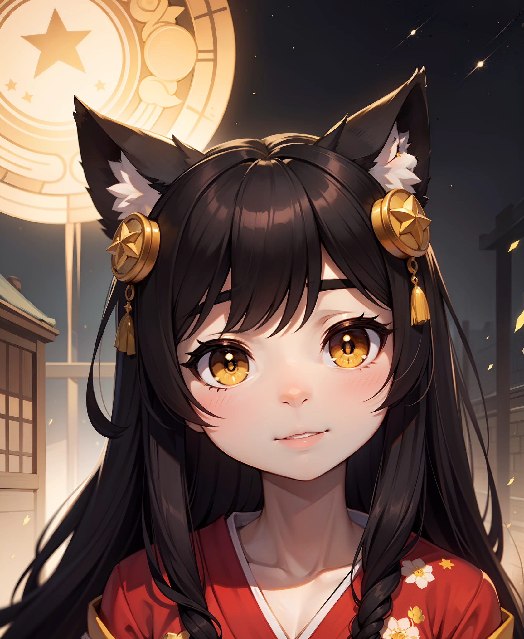 (best quality) ((extremely detailed)), bright black hair and yellow eyes, long hair, big eyes, star-shaped eyes, classic style, classic fashion, hair ornament, wolf ears, Japanese style atmosphere, mysterious background, Olive and black color scheme