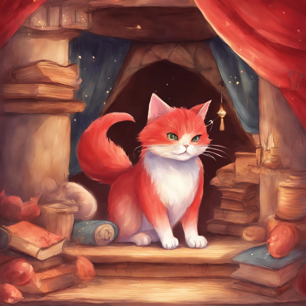 Cat stall Fantastic atmosphere Picture book illustrations watercolor paiting Overall, the color is strong red