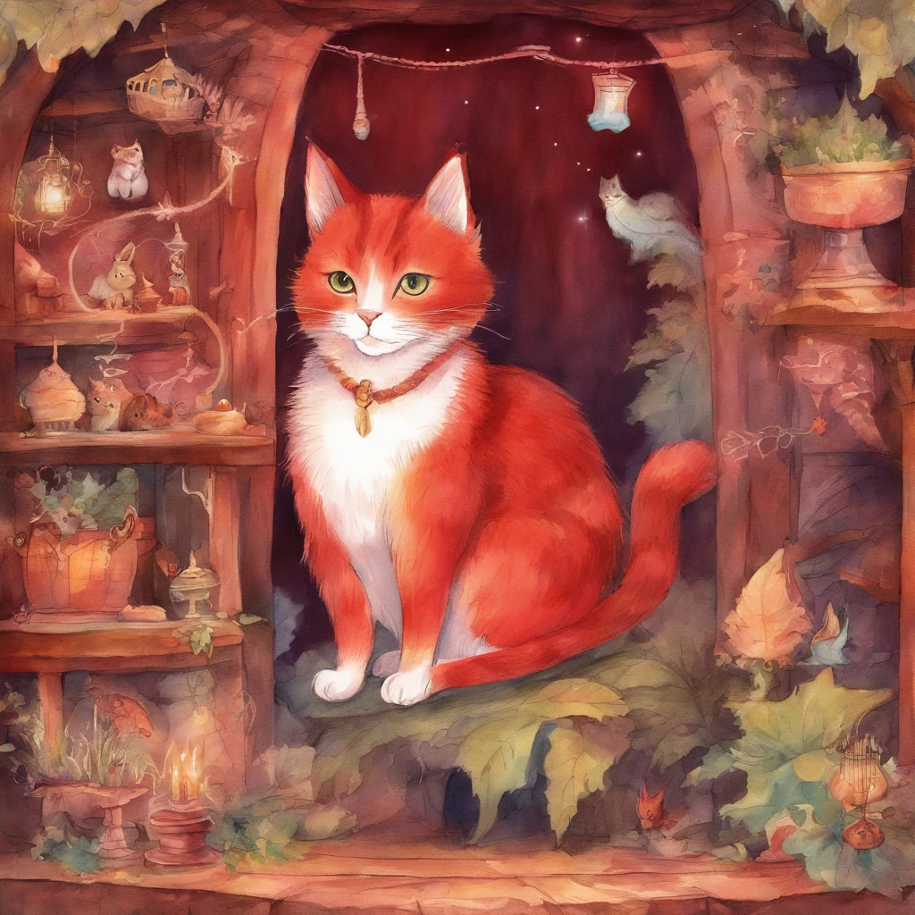 Cat stall Fantastic atmosphere Picture book illustrations watercolor paiting Overall, the color is strong red