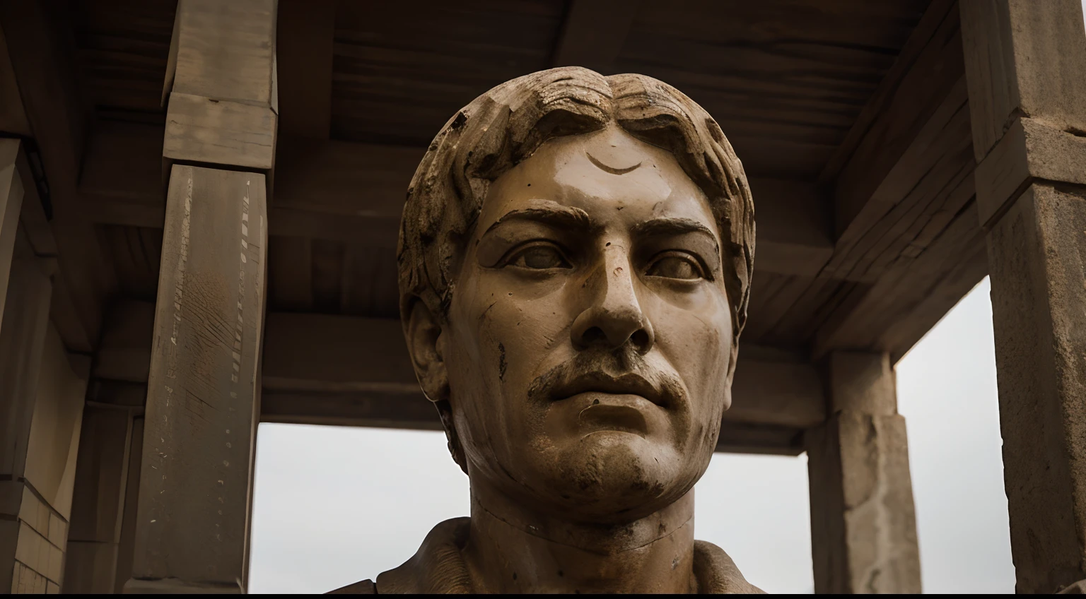Ancient Stoic Statue With Very Angry Expression, tem barba, muitos detalhes em ambos os olhos, Outside, fundo atenas grego, open sky, com rosto extremamente detalhado full body view, Colors with low saturation with dark tone, Filmado em Sony A7S III com Sony FE 35mm f/1.8, 12.1 MP, --AR 3:2 --estilo cru