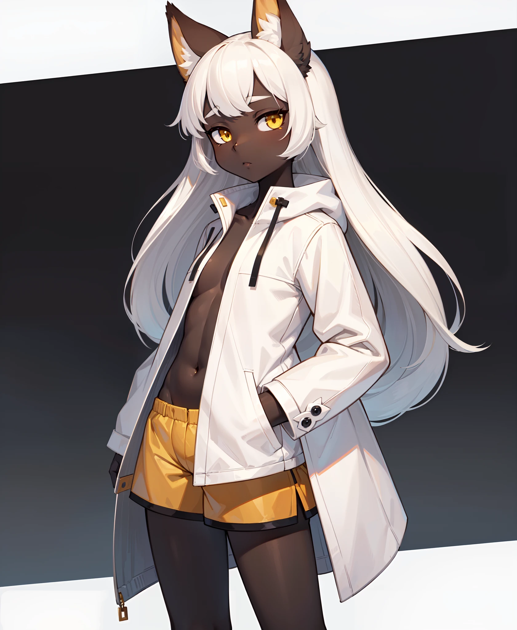 masterpiece,best quality,highres,illustration,(flat color:1.2,outline:1.2),1girl,solo,(black skin:1.1,dark skin1.1),white hair,yellow eyes,fox ears,white coat,shorts,long hair,parted bangs