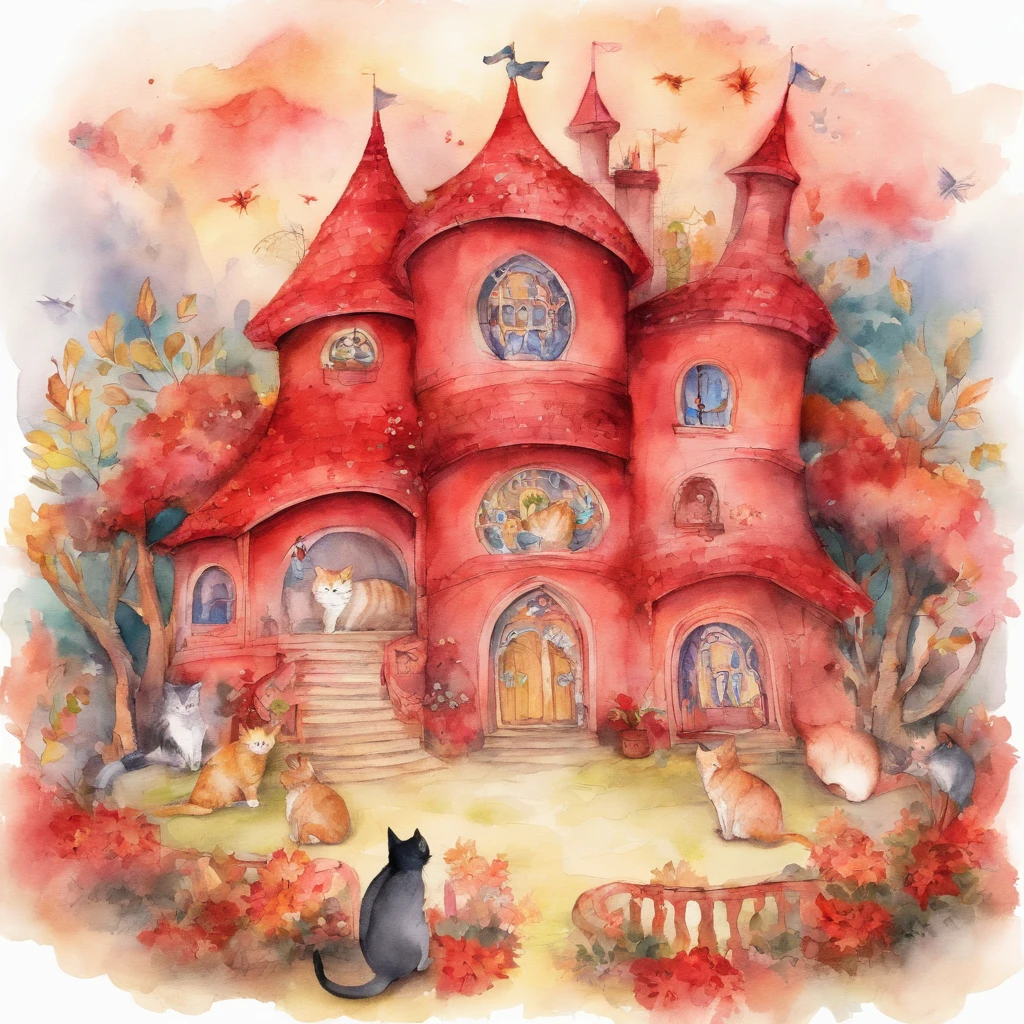 Cat School Festival Fantastic atmosphere Picture book illustrations watercolor paiting Overall, the color is strong red