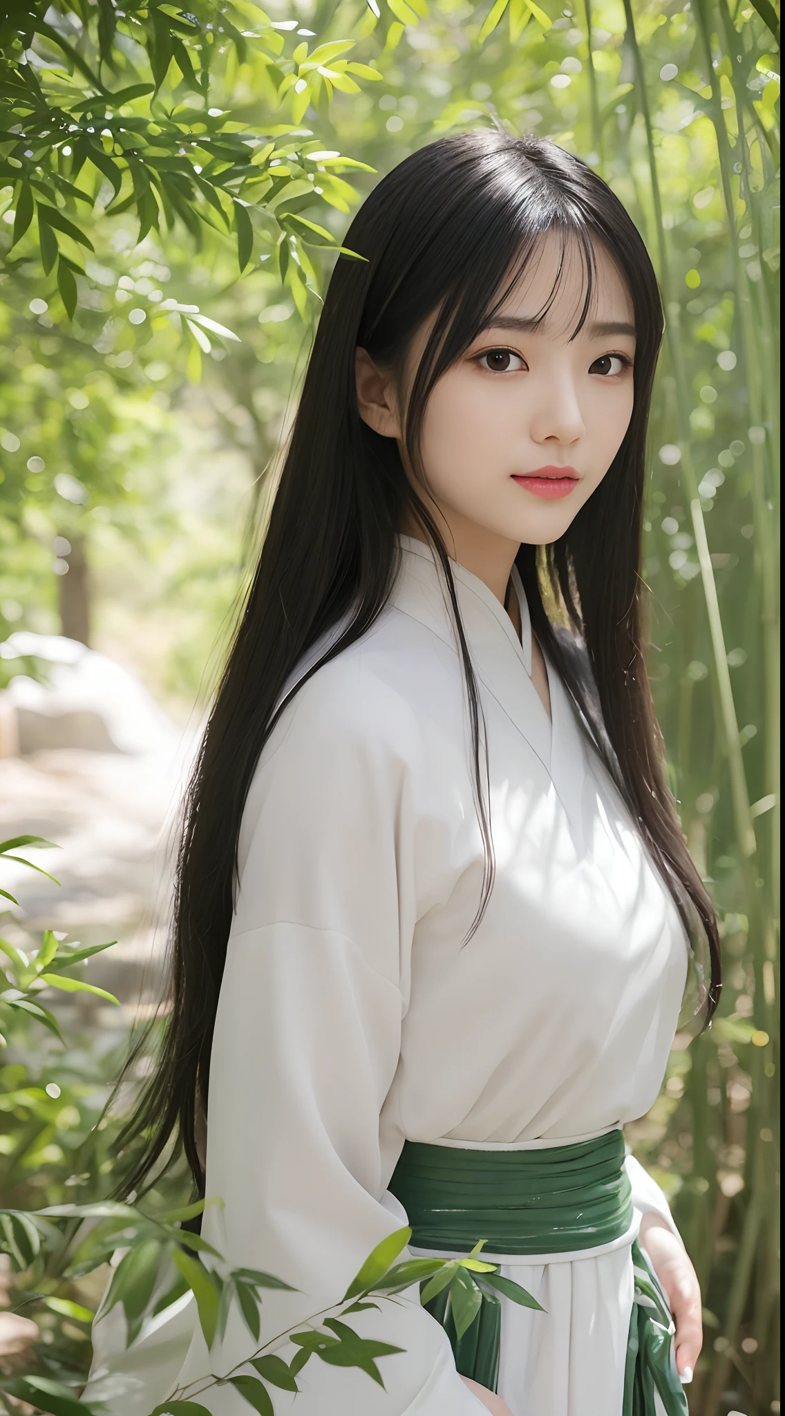 (Best quality,4K,A high resolution,Masterpiece:1.2),Realistic,White Hanfu,Long black hair,Beautiful detailed eyes,beautiful detailed lips,peaceful expression,Gentle smile,Hazy bamboo forest，ssmile,Semi-hidden paths,Dappled sunlight,tranquil ambiance,Traditional Chinese painting style,Vivid colors,Soft lighting